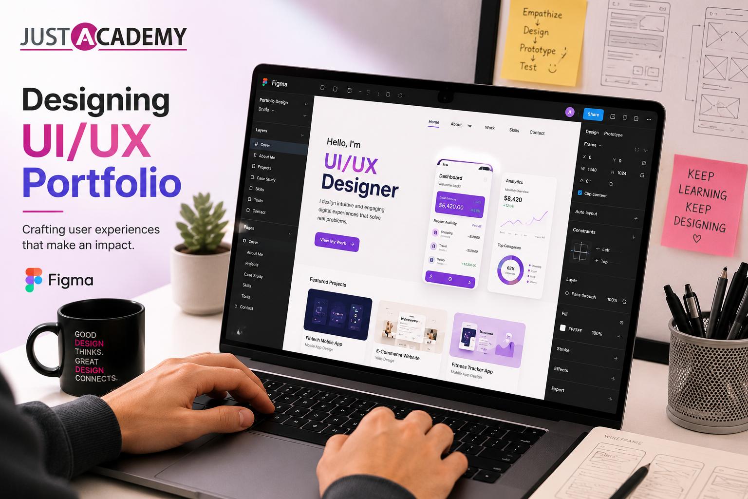 Designer building a ui ux portfolio using figma on laptop