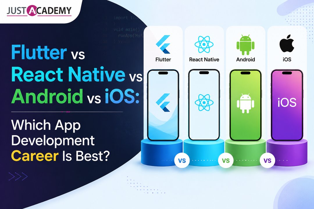 Developer comparing Flutter, React Native, Android and iOS app icons on a laptop screen