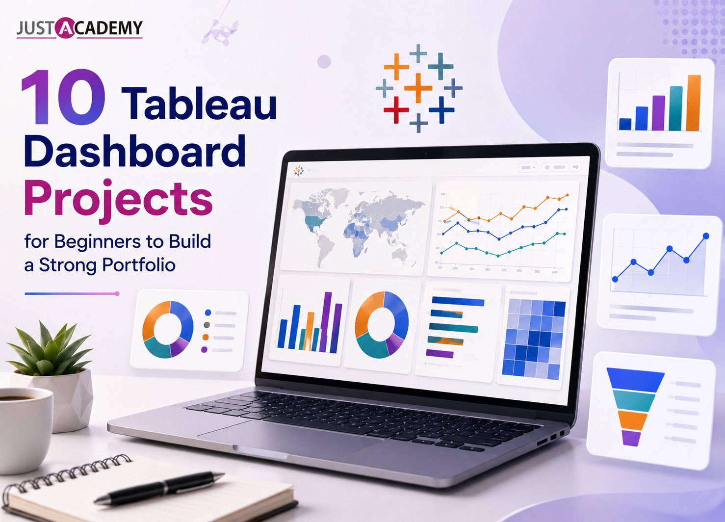 Beginner working on tableau projects for portfolio on a laptop with dashboard charts