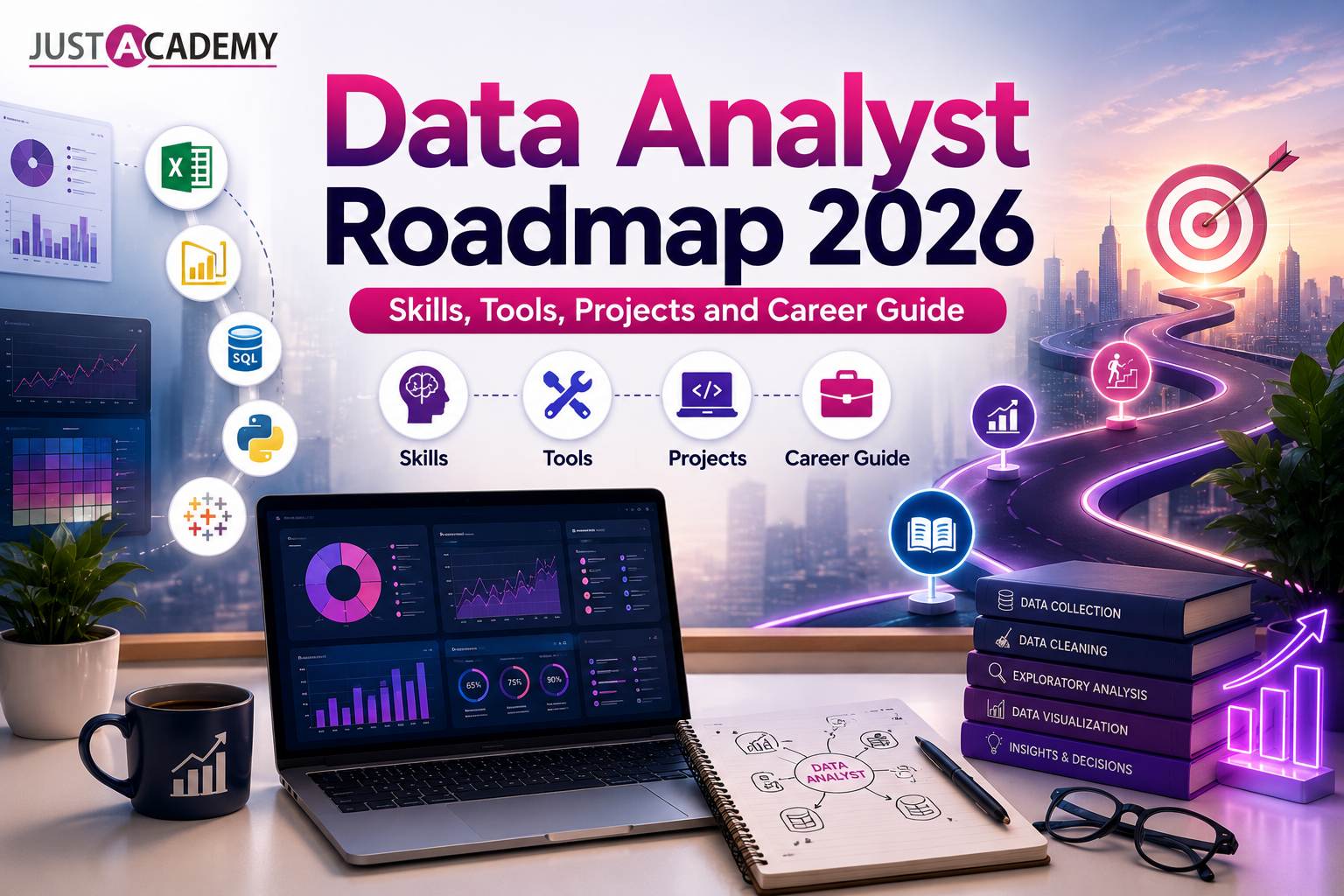 Data analyst roadmap 2026 showing skills tools and career path