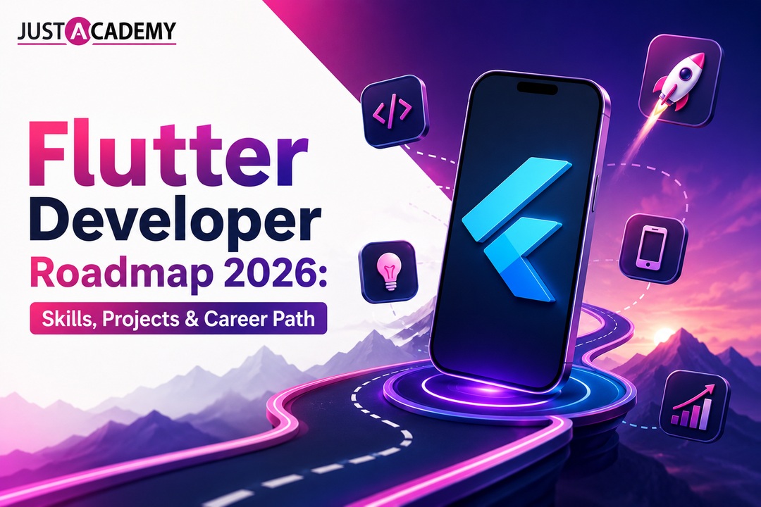 Flutter developer roadmap 2026 showing dart programming, widgets, and mobile app development skills