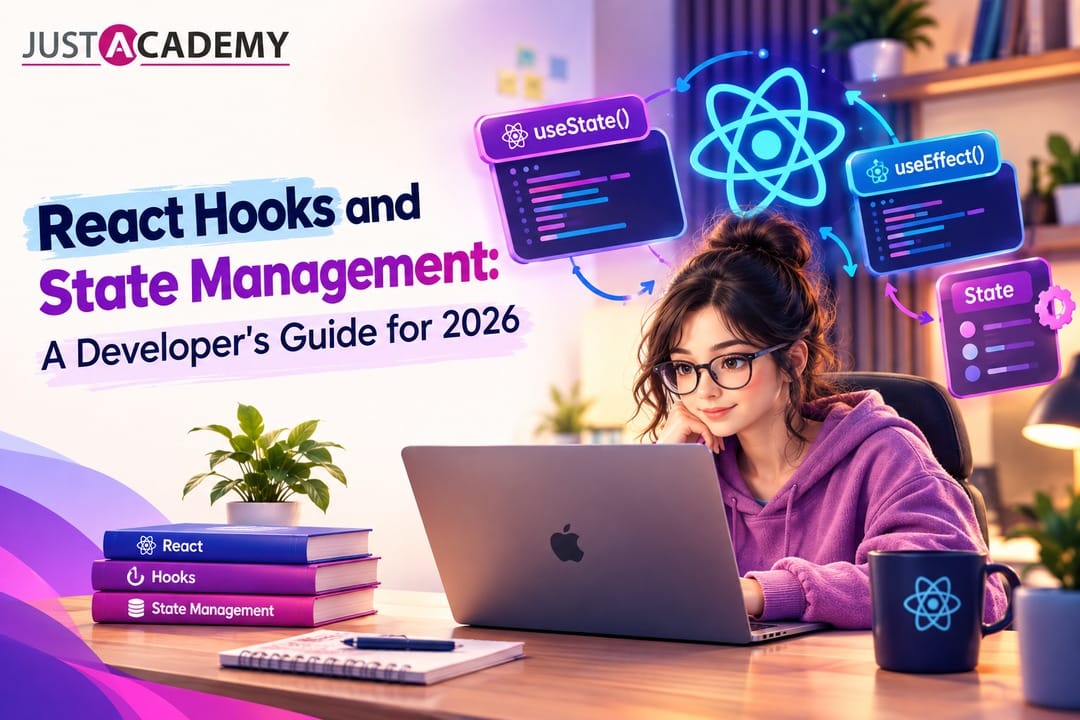 React developer writing hooks based code for state management in react on a laptop