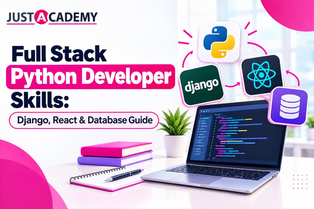 Full stack Python developer working with Django and React on a laptop