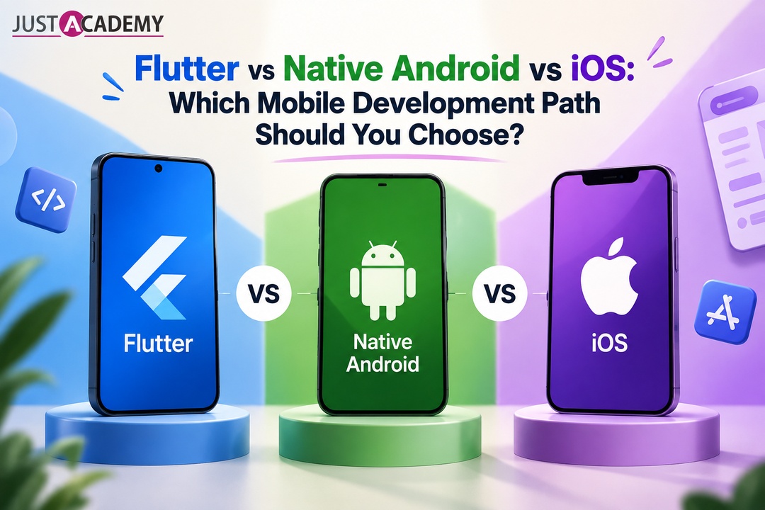 Pune developer comparing flutter app development, native android and ios application development on a laptop during a live online class