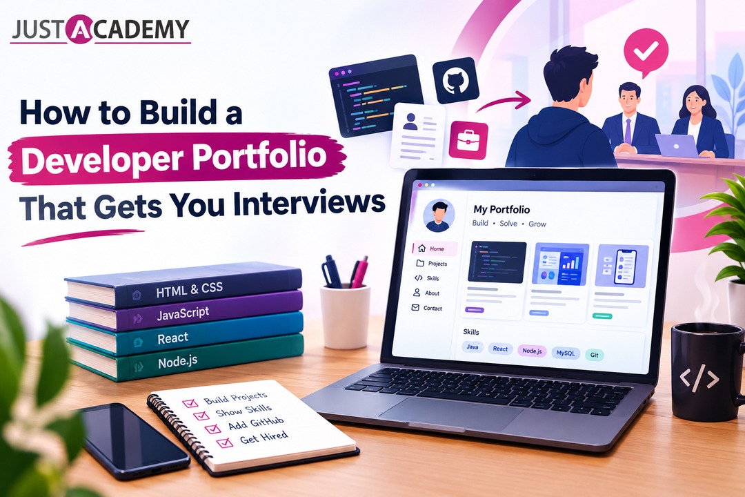 Developer portfolio website homepage open on a laptop showing a projects section and resume section for a Pune job seeker