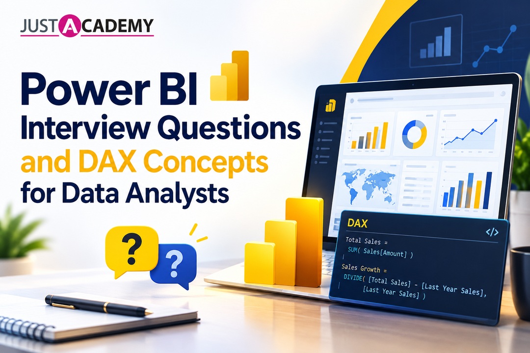 Data analyst in Pune reviewing a Power BI dashboard while preparing for interview questions on DAX concepts