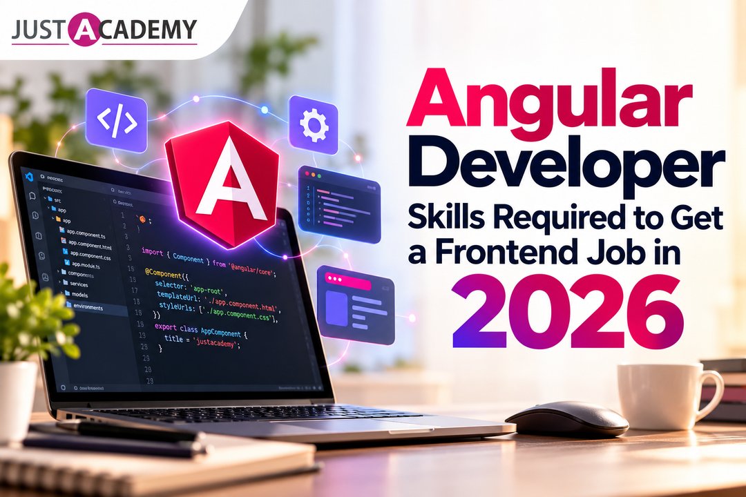 Angular developer skills required for a frontend job in 2026 shown as a developer building Angular components on a laptop