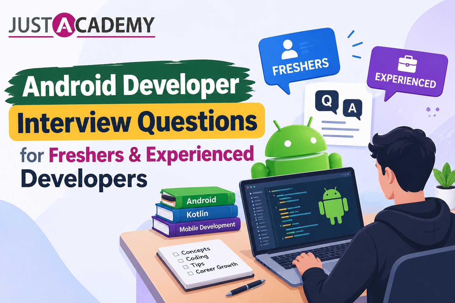Android developer preparing for an interview with Android Studio open on a laptop and common android developer interview questions on screen