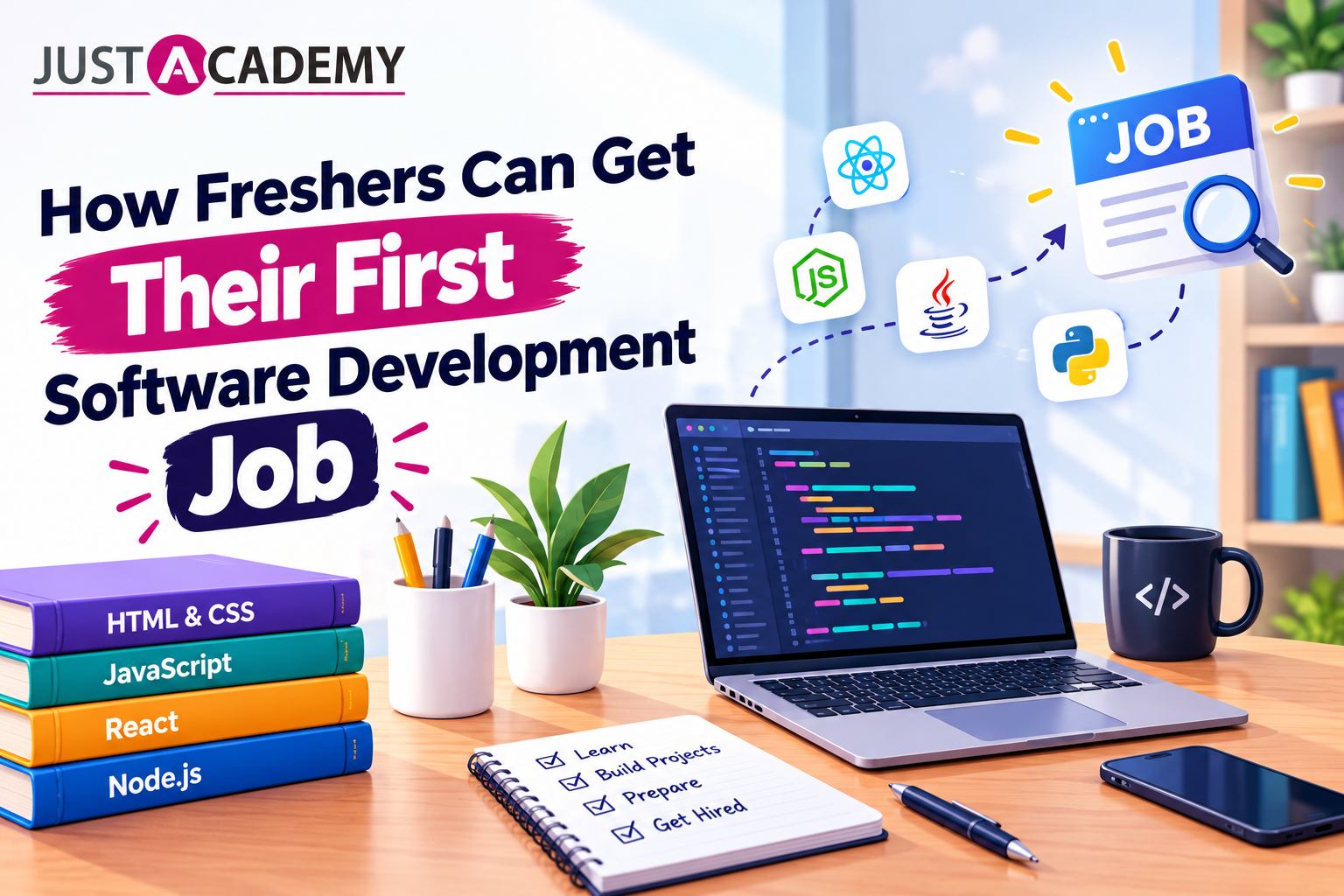 Fresher software developer coding on a laptop while preparing for software developer positions at JustAcademy Mumbai