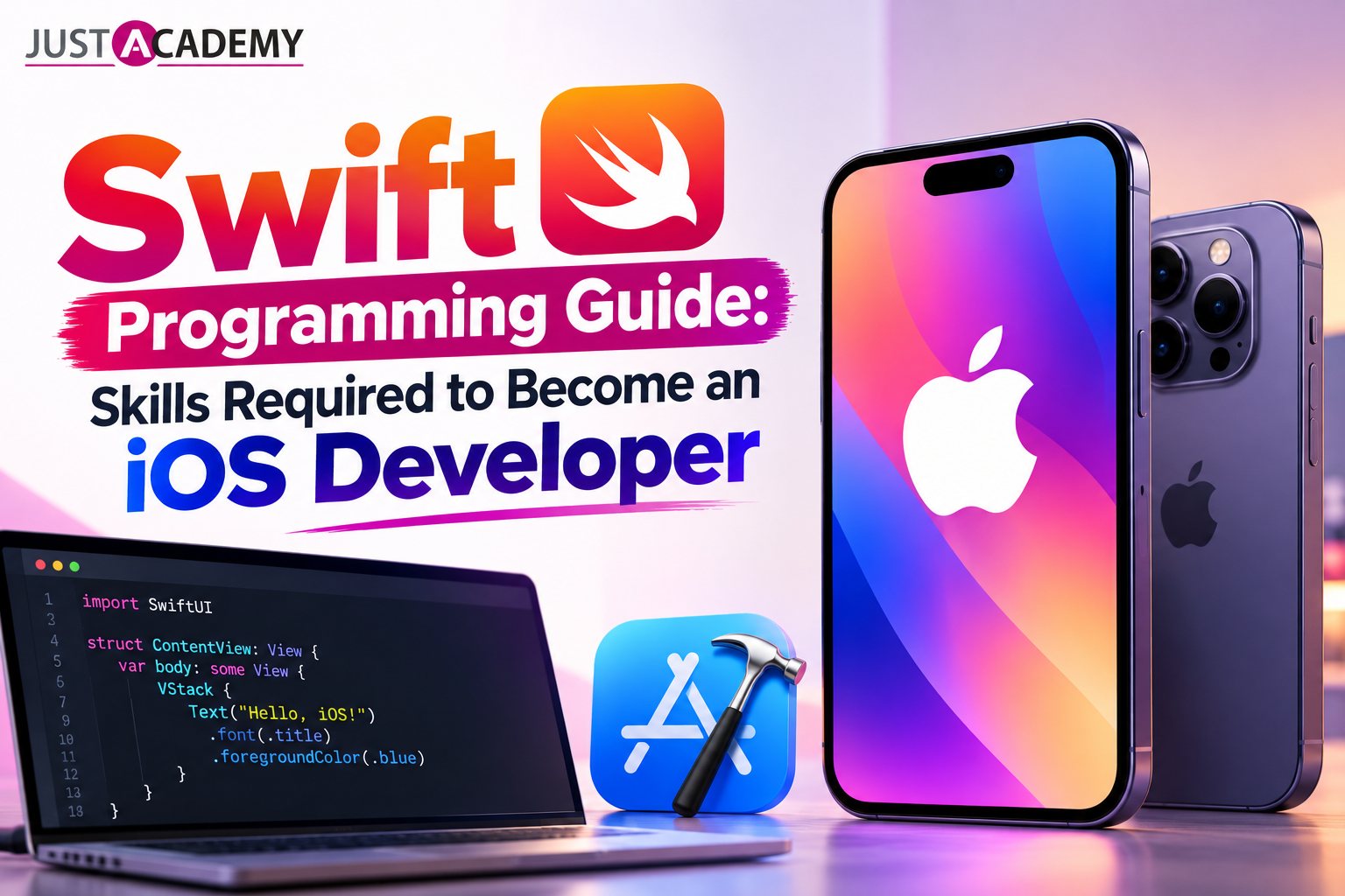 Student learning swift programming and ios application development on a laptop with an iPhone app preview beside the code editor