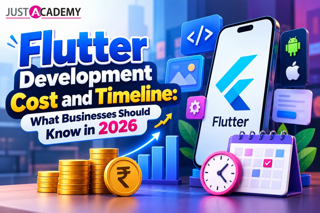 Business owner reviewing flutter app development cost and timeline on a laptop with a Flutter mobile app prototype on screen