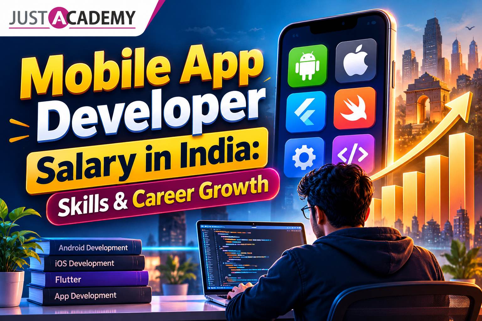 Mobile app developer in Delhi coding on a laptop during a live interactive instructor led session, with salary growth chart on screen