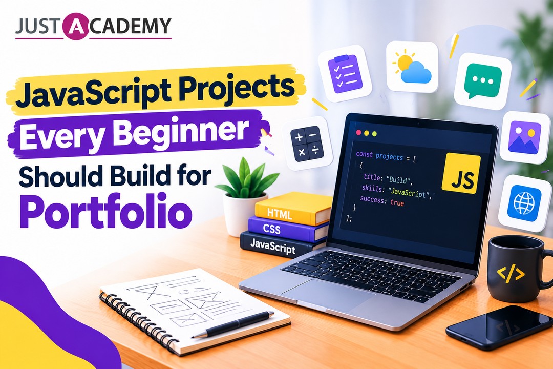 Beginner developer building javascript projects for a portfolio on a laptop with code editor open