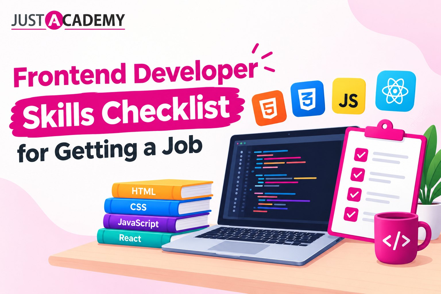 Frontend developer skills checklist showing HTML, CSS, JavaScript and React on a laptop screen in a Delhi training classroom