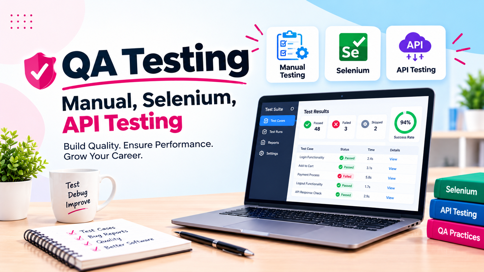 QA Testing Course at JustAcademy covering Manual Testing, Selenium with AI, API Testing, Automation Testing, Live Sessions, and Practical Projects.