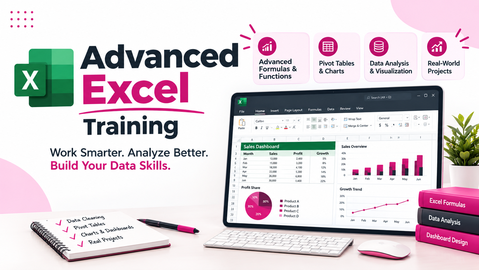 Advanced Excel Course at JustAcademy covering Excel formulas, lookup functions, Pivot Tables, data cleaning, dashboards, data analysis, and MIS reporting through practical exercises.