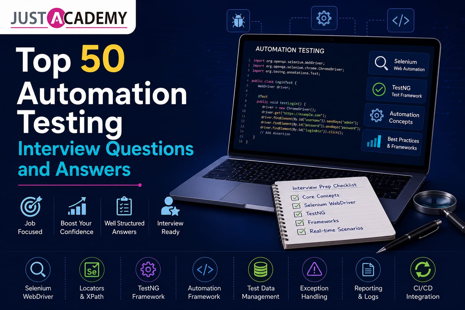 Top 50 automation testing interview questions and answers showing Selenium Appium and QA framework code on screen
