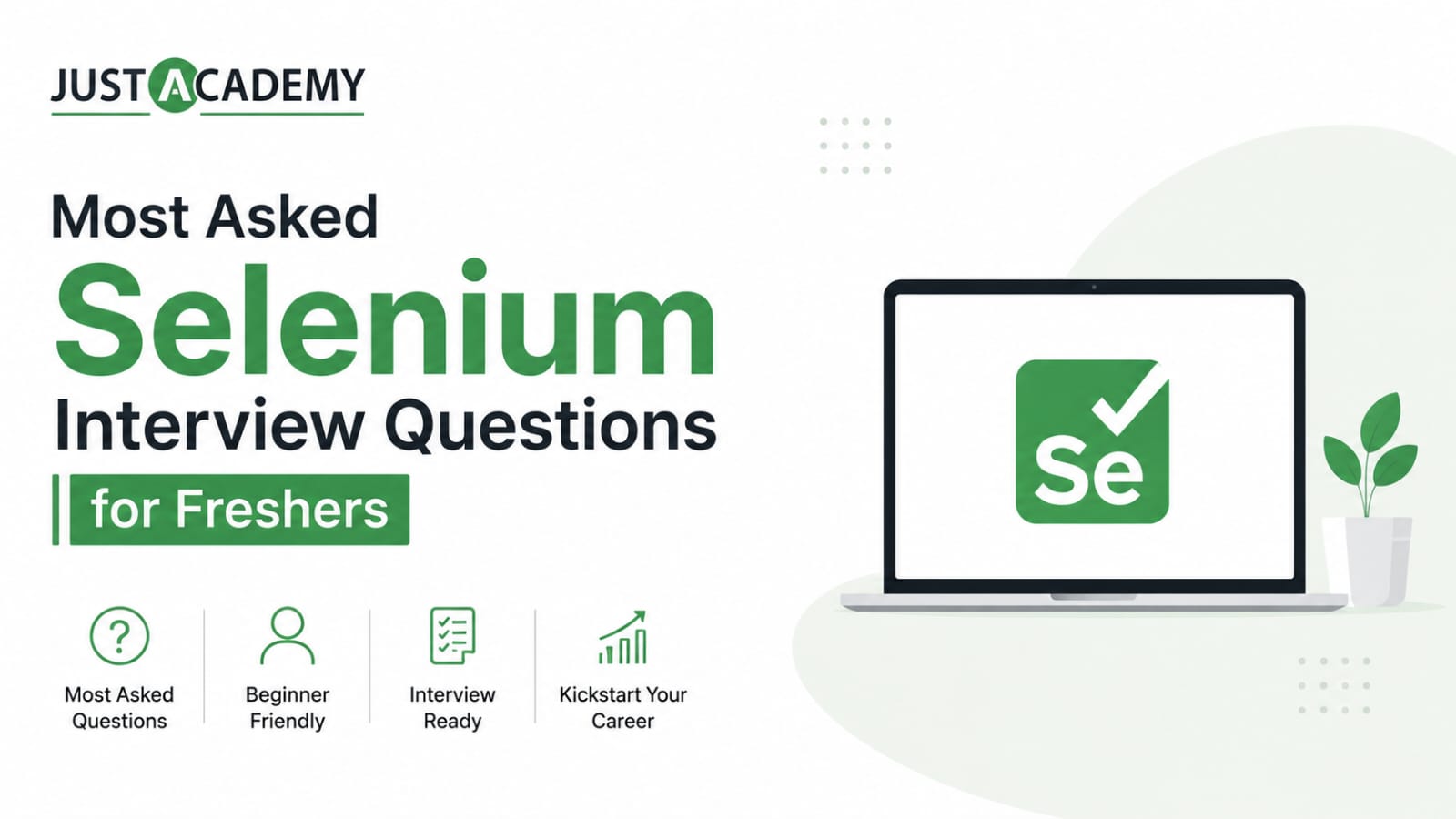 Most asked Selenium interview questions for freshers showing WebDriver code locators and QA automation framework on screen