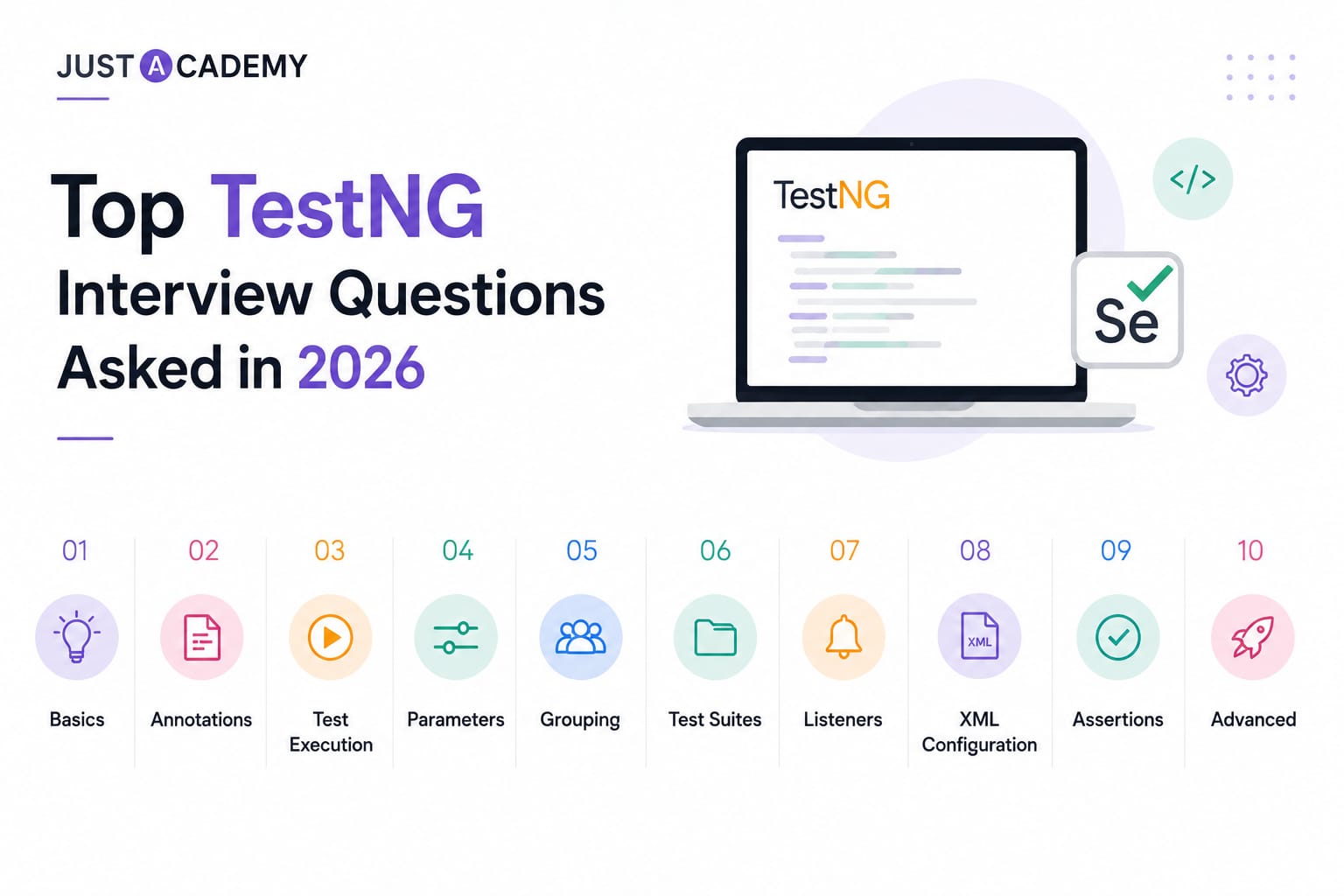 TestNG interview questions showing TestNG framework annotations and Selenium QA test execution on developer screen
