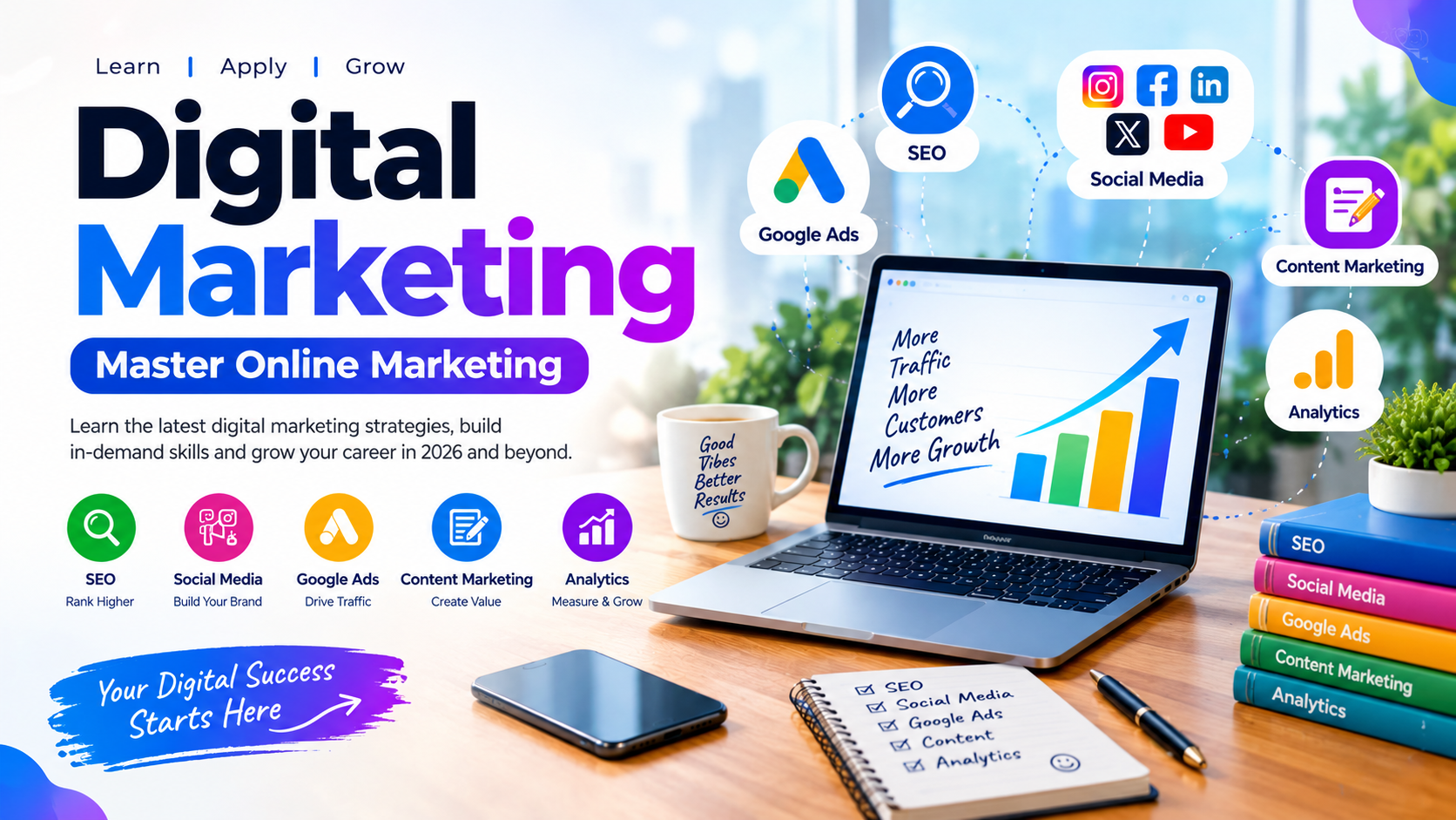 Digital Marketing Training Guide Cover Featuring SEO, Social Media, Google Ads and Online Marketing Strategies